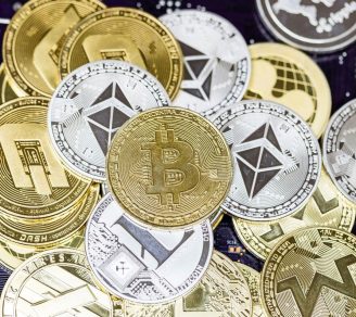 Close-up of cryptocurrencies represented as coins
