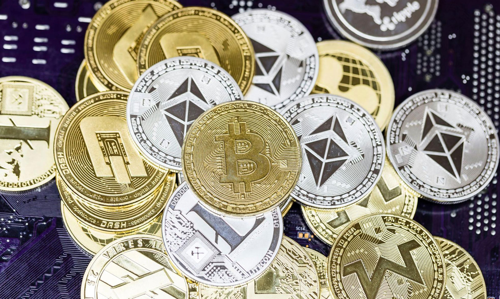 Close-up of cryptocurrencies represented as coins