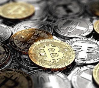 Closeup of cryptocurrency as coins