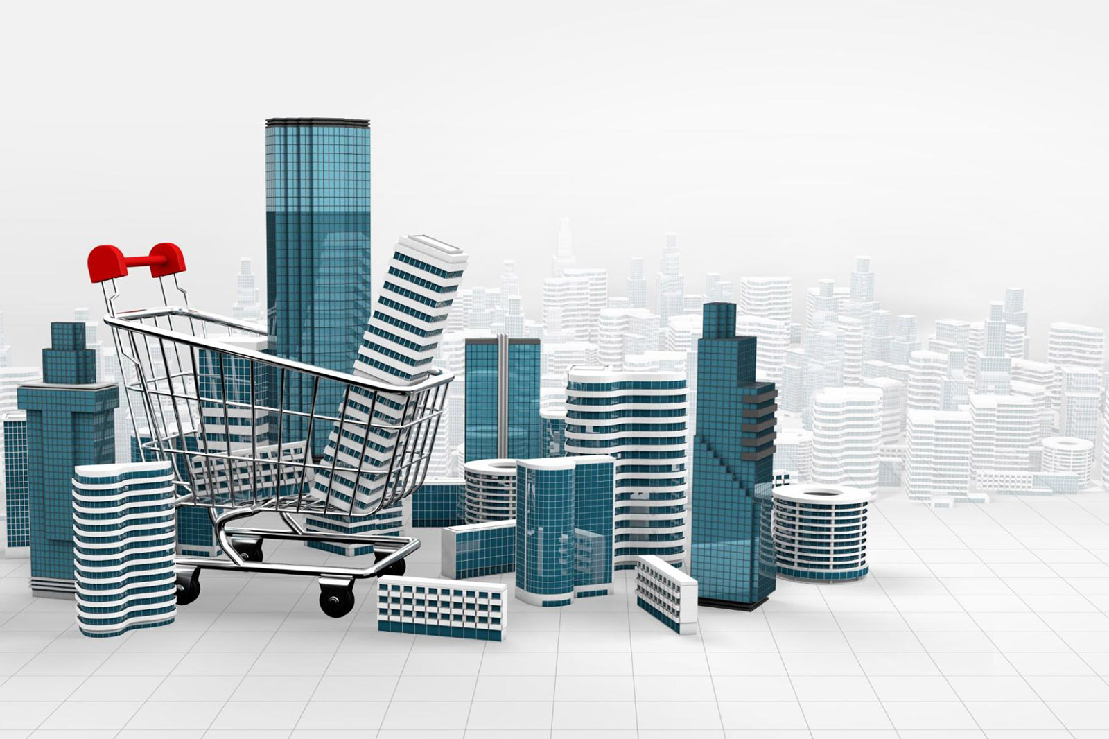 A shopping cart with buildings inside of it representing invested commercial real estate