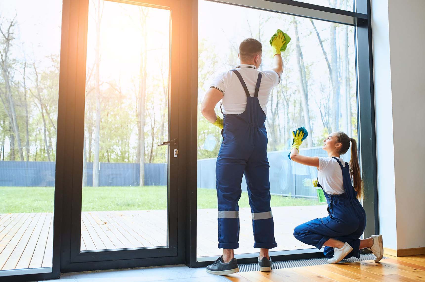 Two people cleaning a large window.