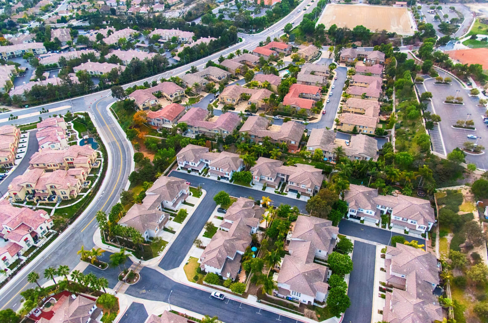 An aerial view of a completed subdivision