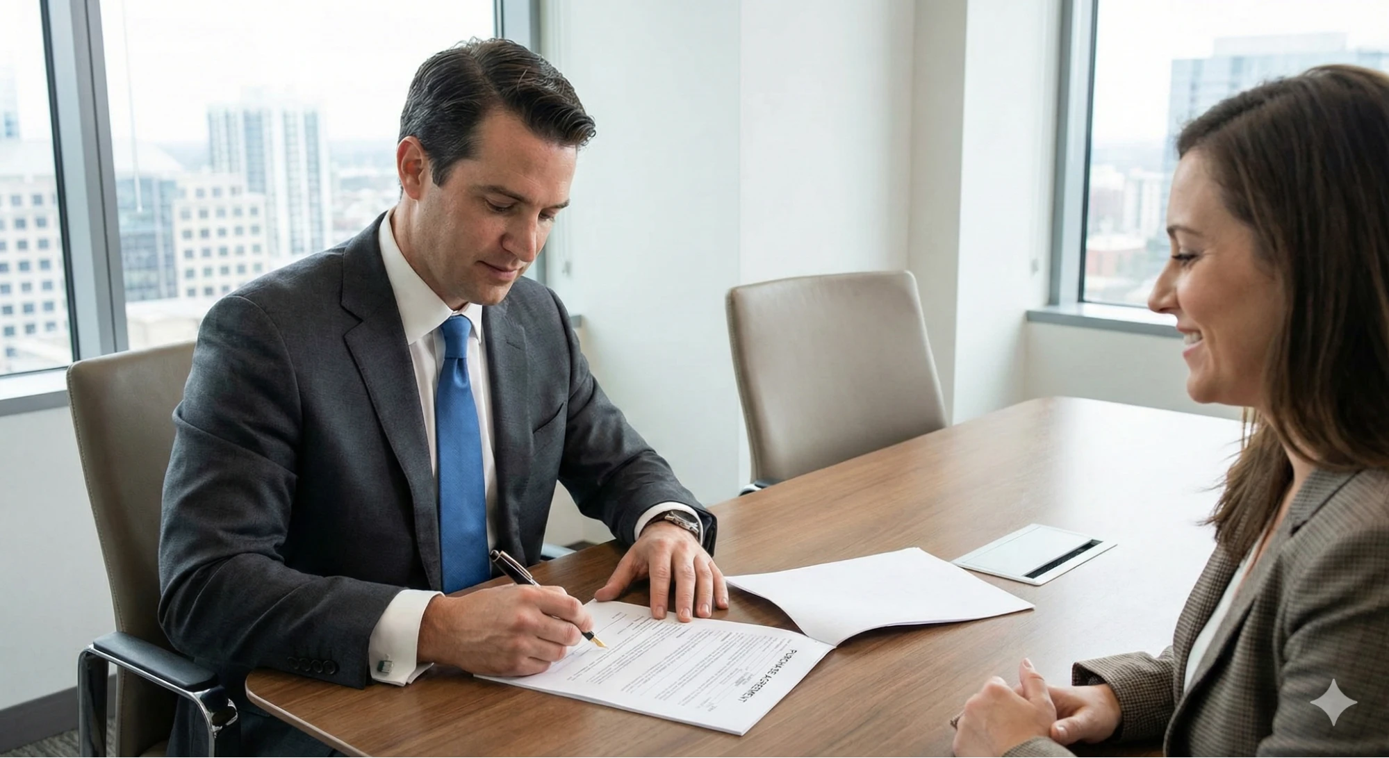 A man wearing a suit signing a contract with a pen