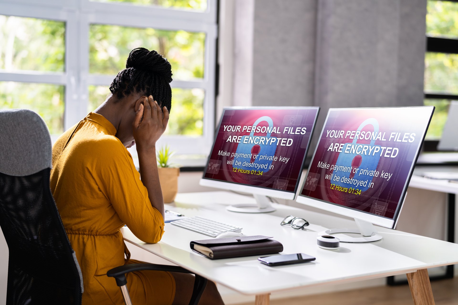 Entrepreneur with her head in her hands in front of two computer monitors after experiencing a ransomware attack