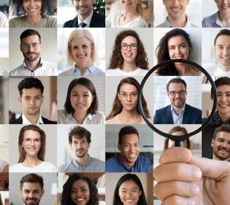 Collage of various professionals with a magnifying glass showing the best choice for a benefits broker