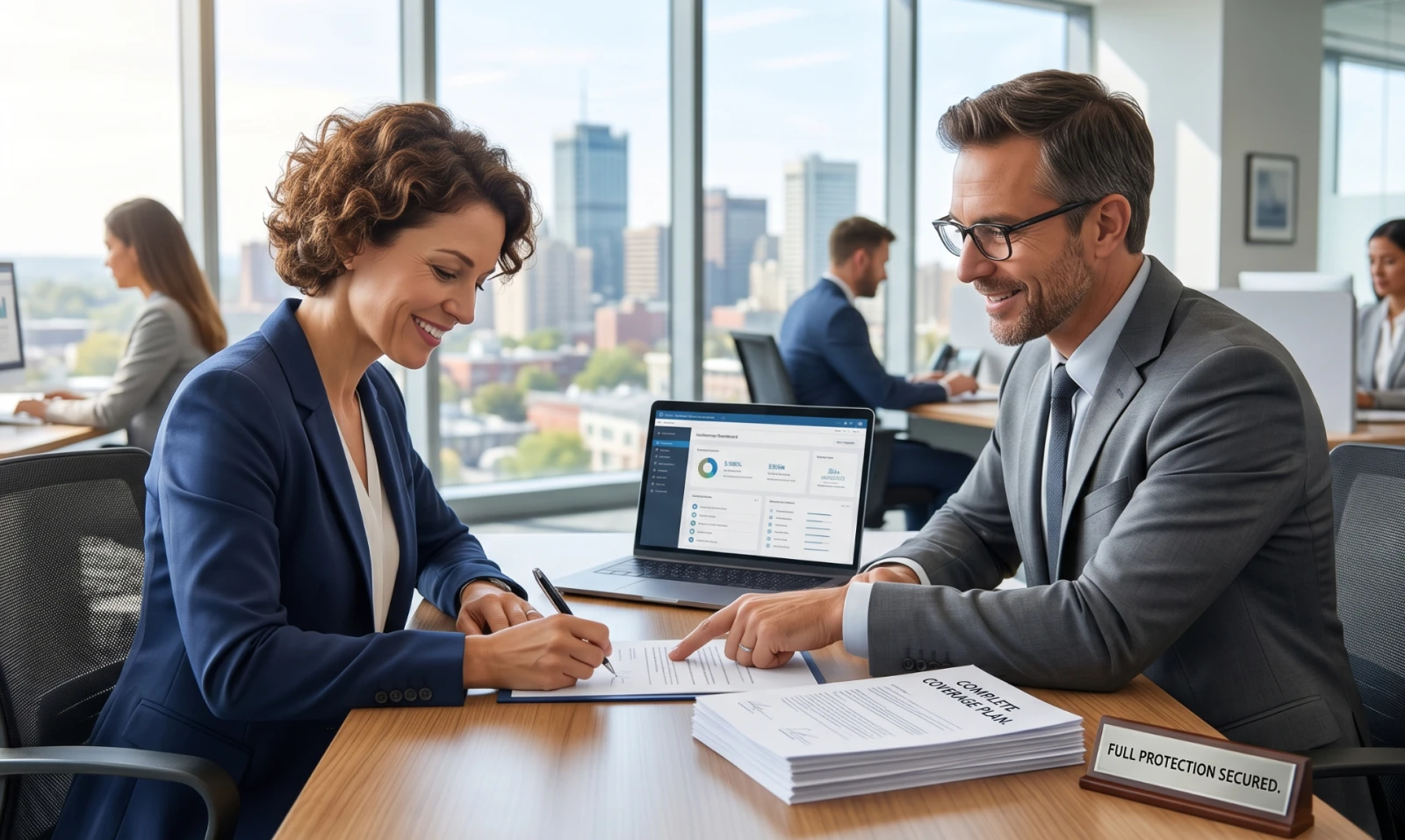 A female business owner smiles confidently while signing insurance documents guided by a male broker