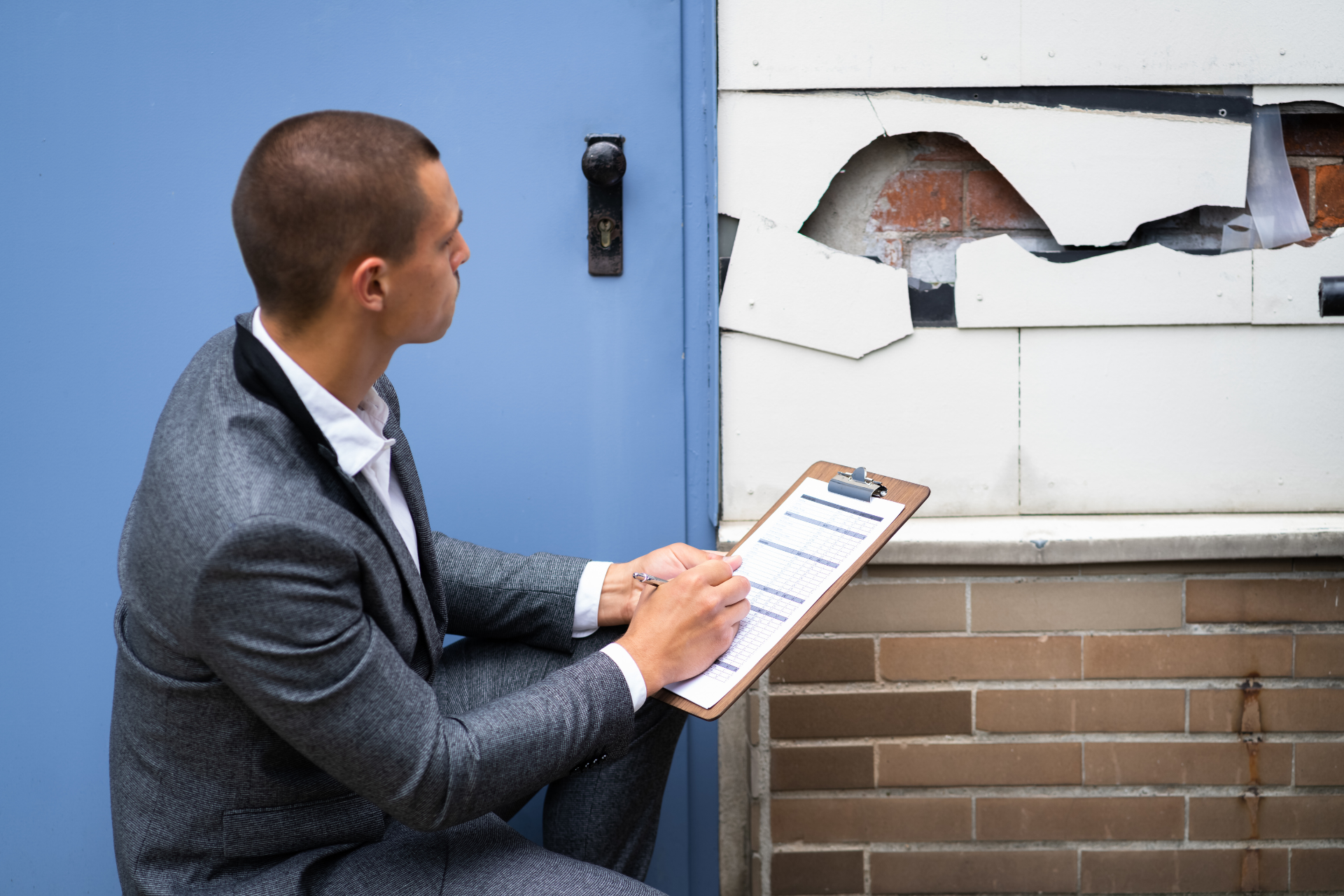 An inspector checking property damage on a building’s wall