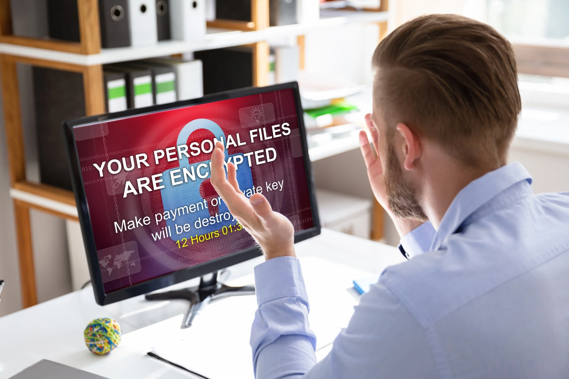 A confused and frustrated man looks at his computer; a ransomware message appears on his screen.
