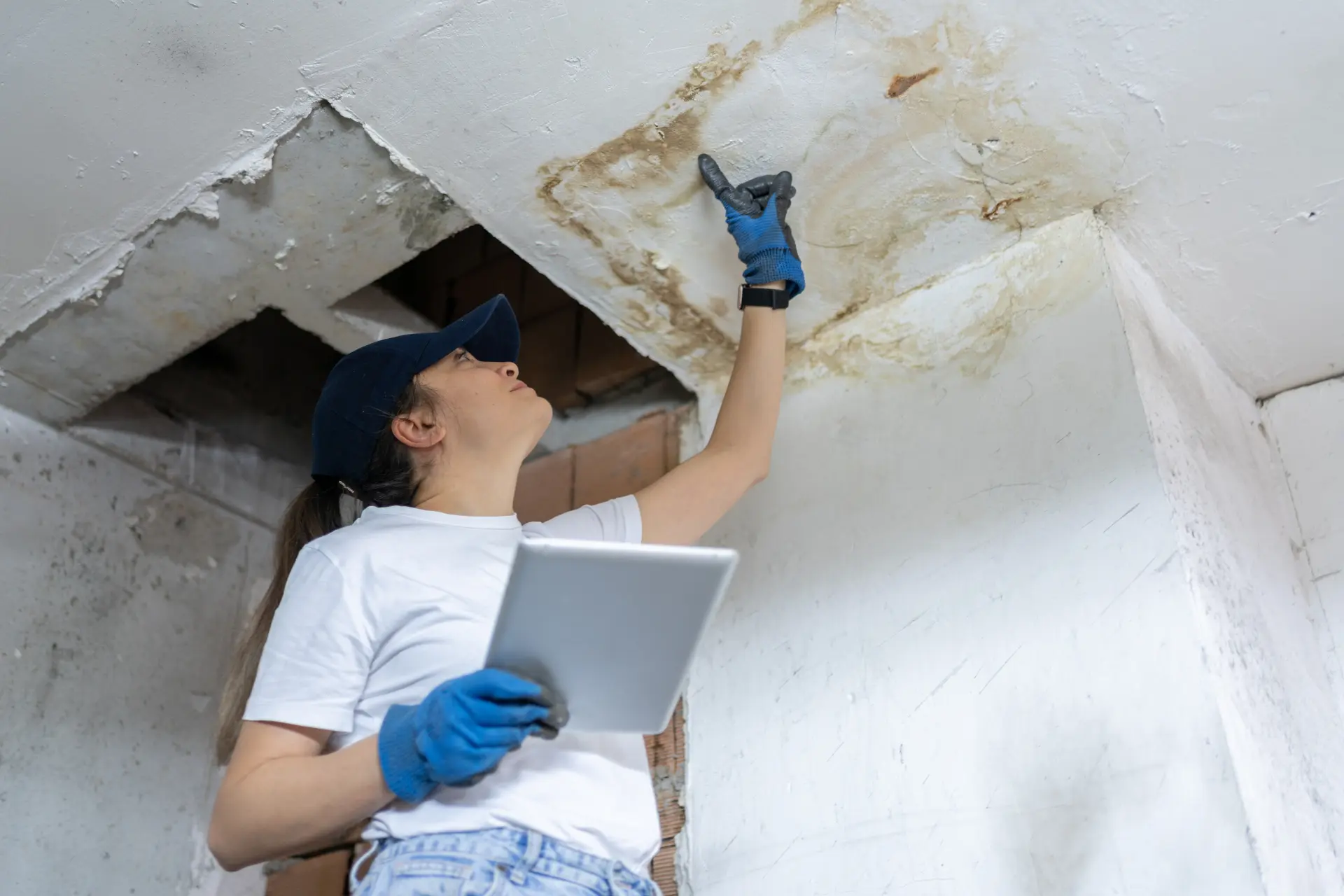An insurance agent doing a water damage assessment on a commercial space
