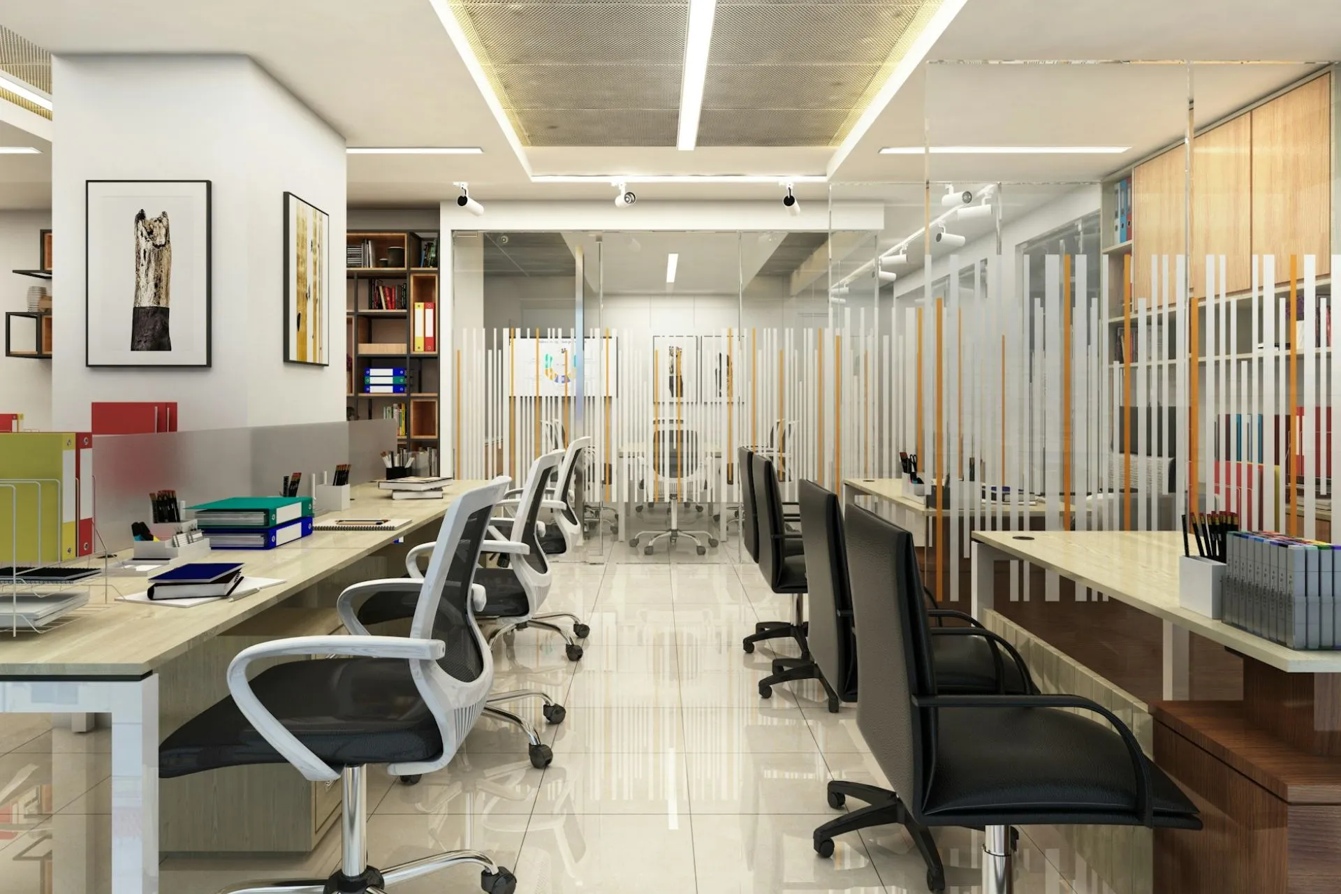 An empty office with several chairs and desks