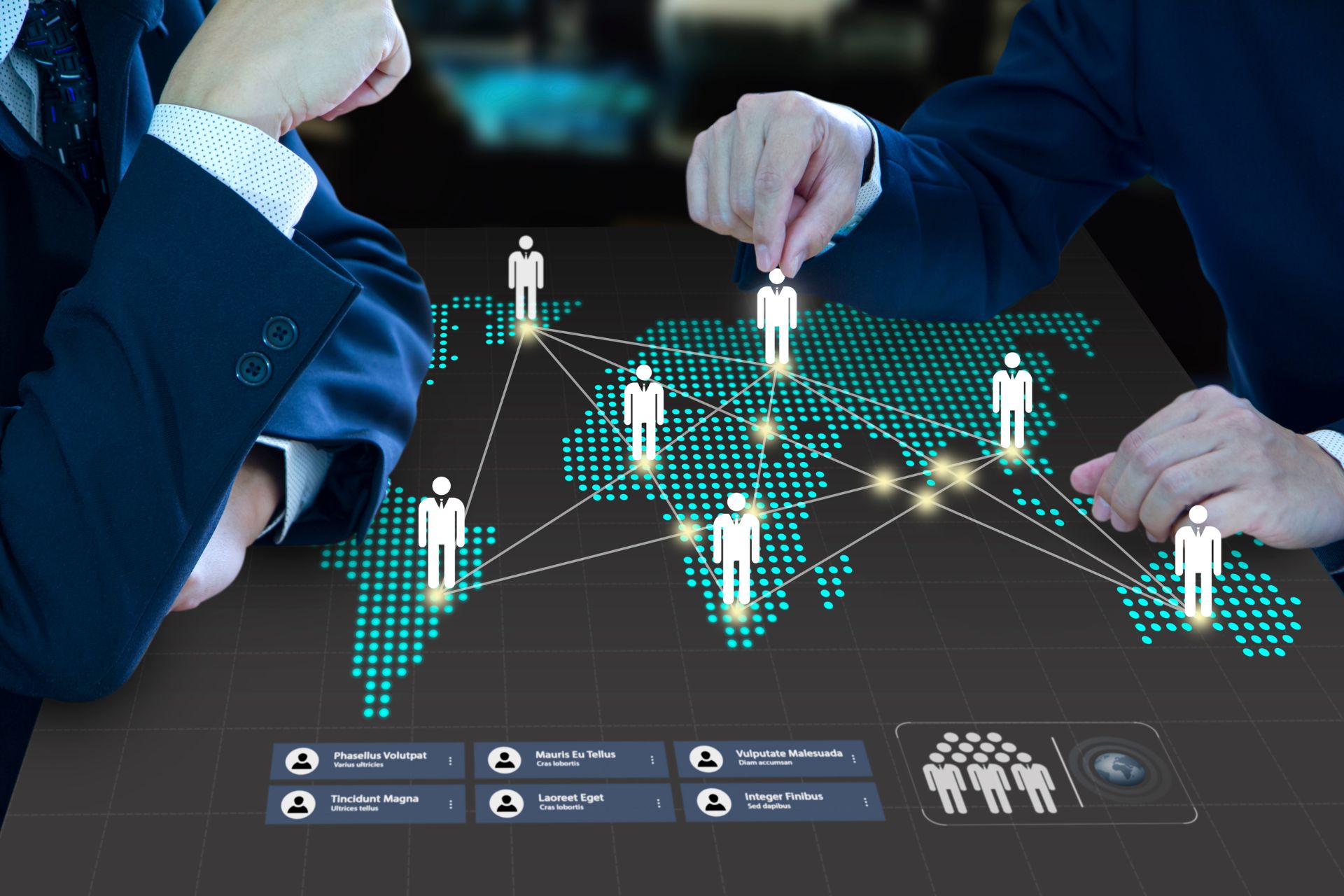 Business leaders planning global expansion, illustrated by a network on a worldwide scale

