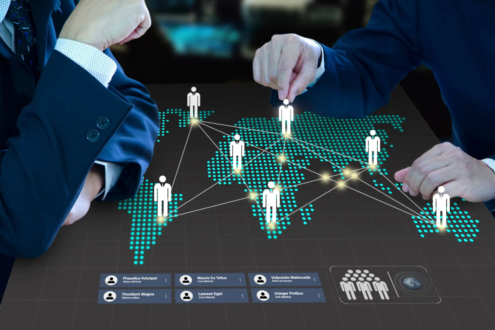 Business leaders planning global expansion, illustrated by a network on a worldwide scale
