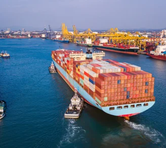 A cargo ship en route to a docking port