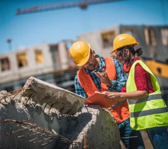 Contractors at a construction site inspecting waste
