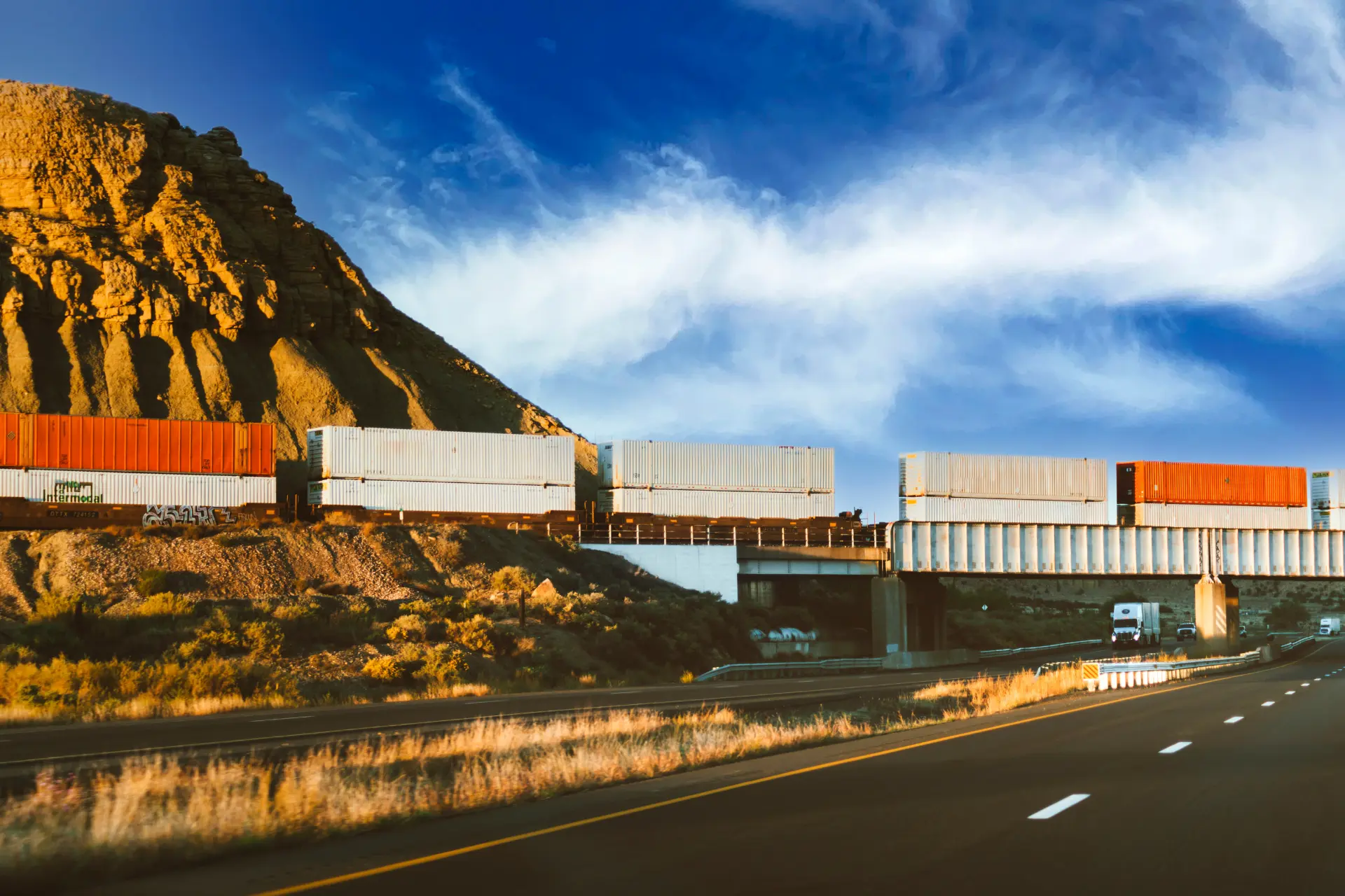 Stacks of cargo containers on a railway
