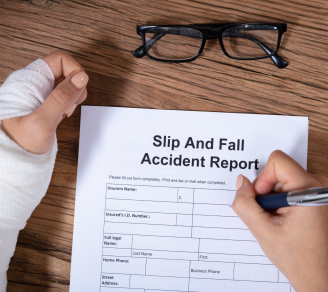 A person with a bandaged hand is filling out a 'Slip And Fall Accident Report' form on a wooden desk next to a pair of black eyeglasses.