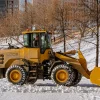 Yellow front-end loader clearing snow in a city park during winter.
